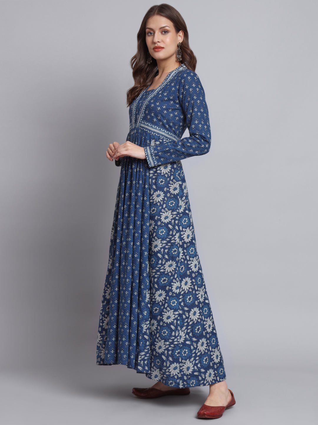 Blue Floral Print Anarkali Cotton Gown