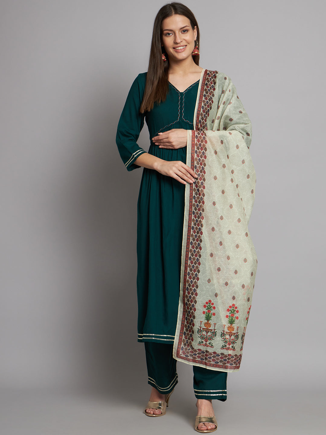 Green Embroidered A-line Viscose Kurta Set