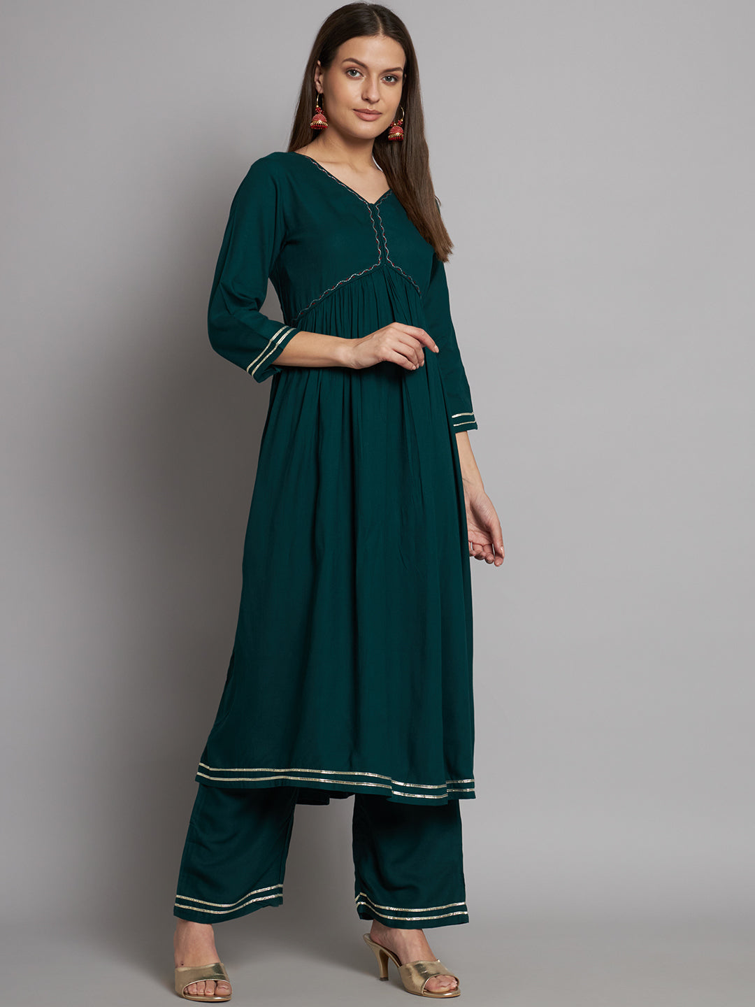 Green Embroidered A-line Viscose Kurta Set
