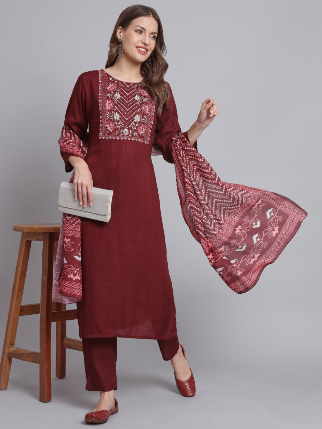 Maroon Embroidered Straight Cotton Kurta Set