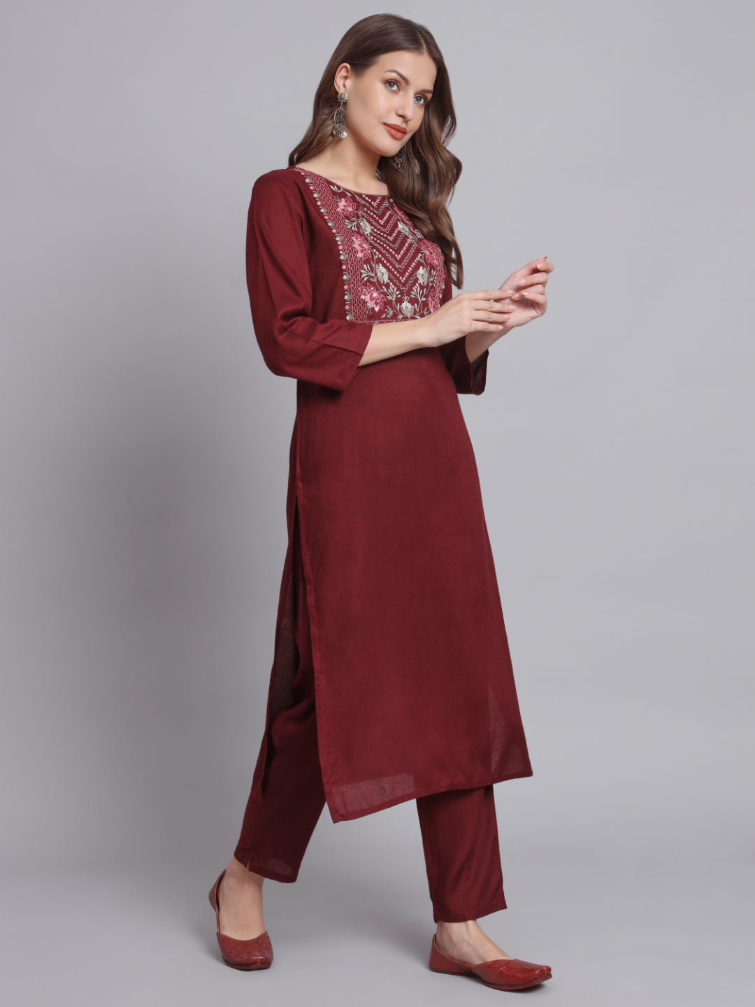 Maroon Embroidered Straight Cotton Kurta Set