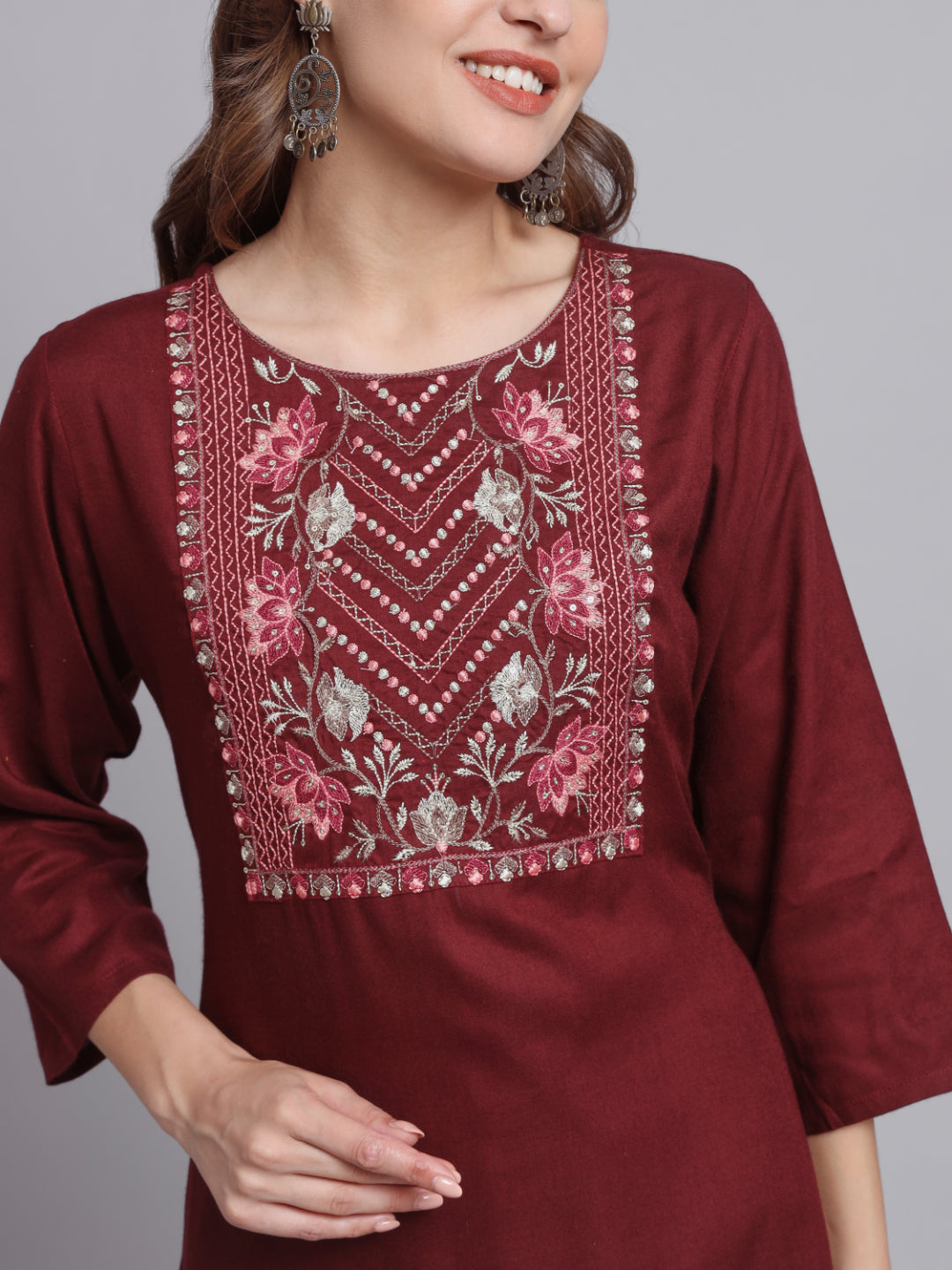 Maroon Embroidered Straight Cotton Kurta Set