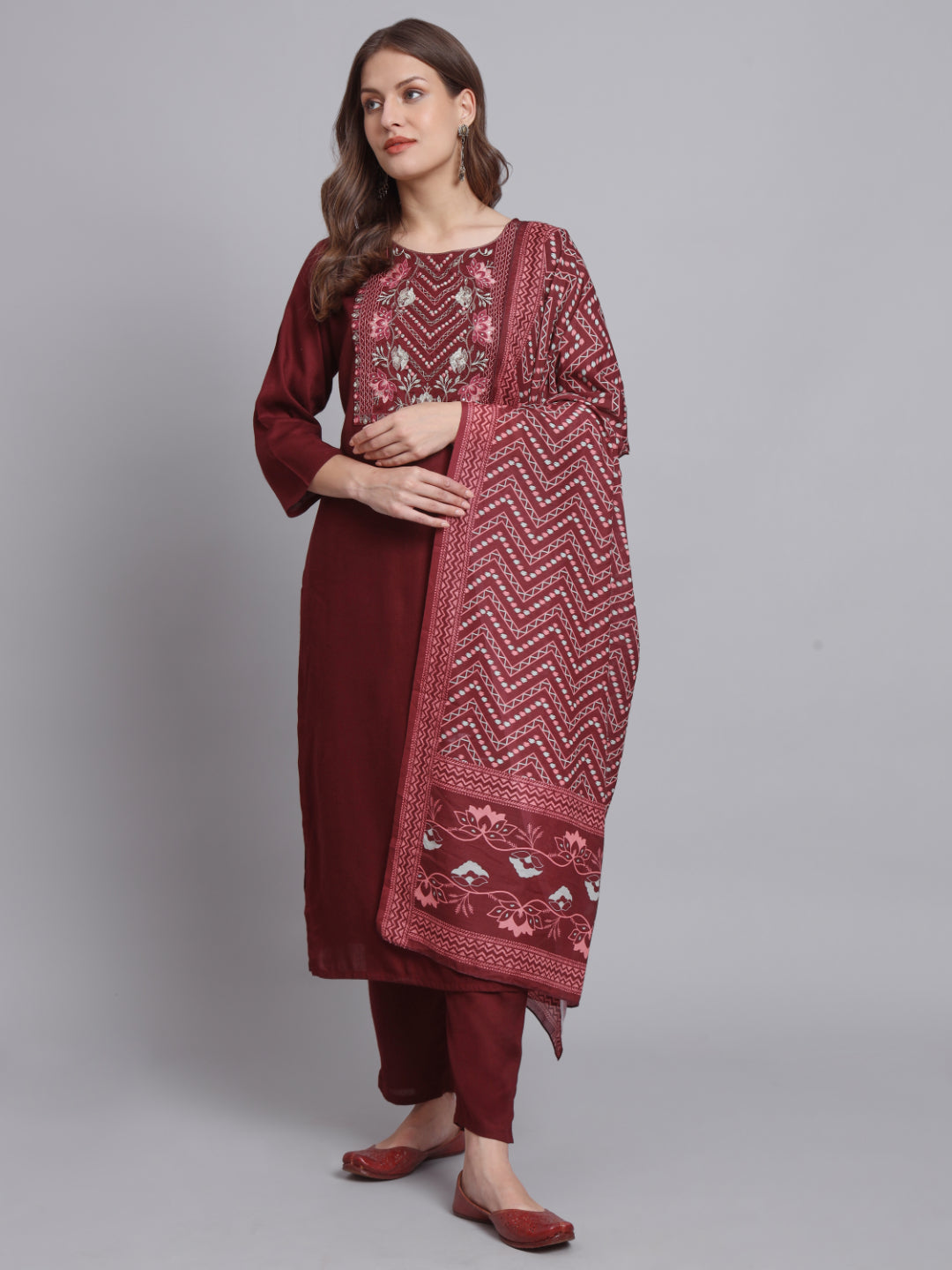 Maroon Embroidered Straight Cotton Kurta Set