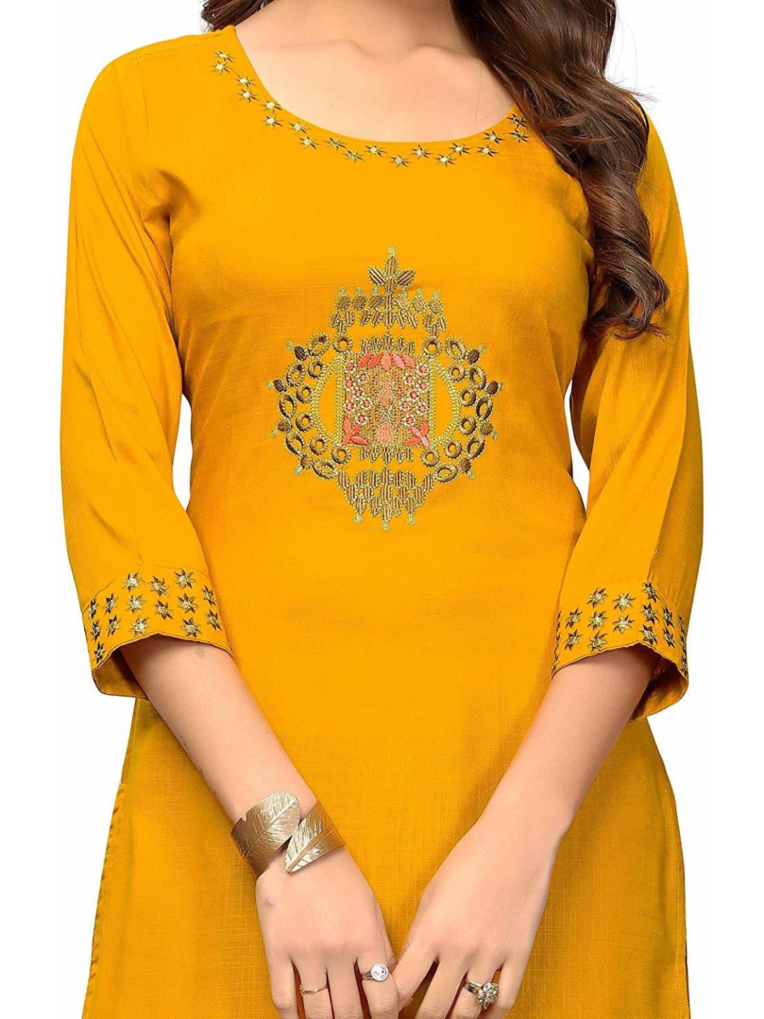 Yellow Embroidered Rayon Straight Kurti