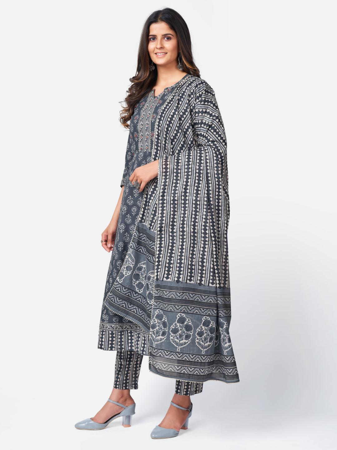 Dark Grey Embroidered Anarkali Cotton Kurta Set