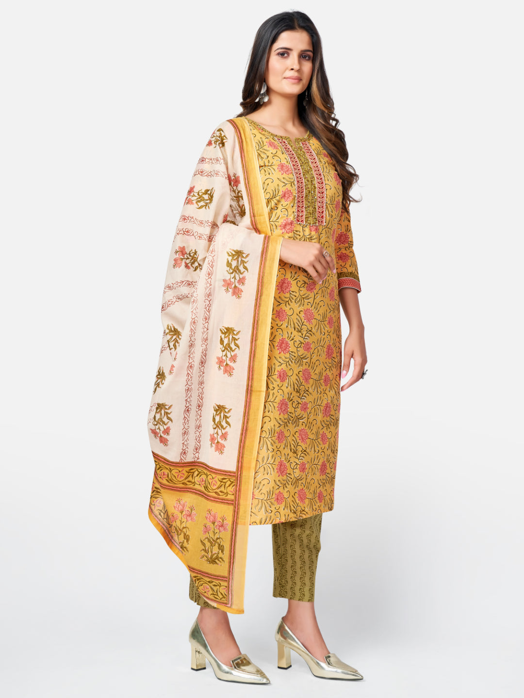 Yellow Embroidered Straight Cotton Kurta Set