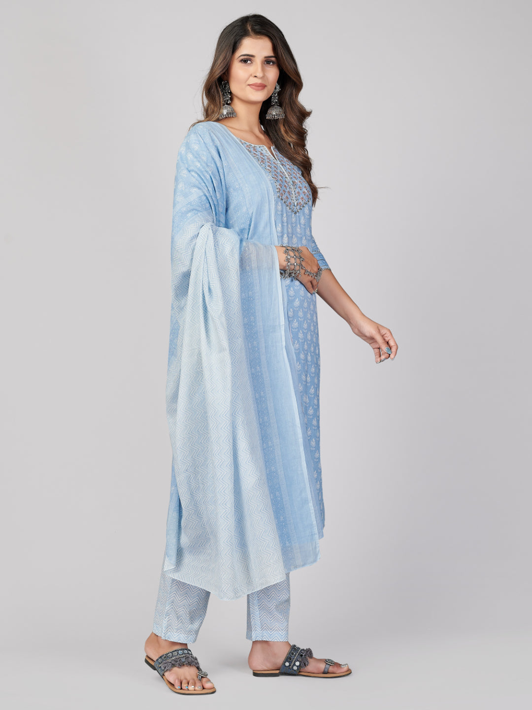 Sky Blue Embroidered Straight Cotton Kurta Set