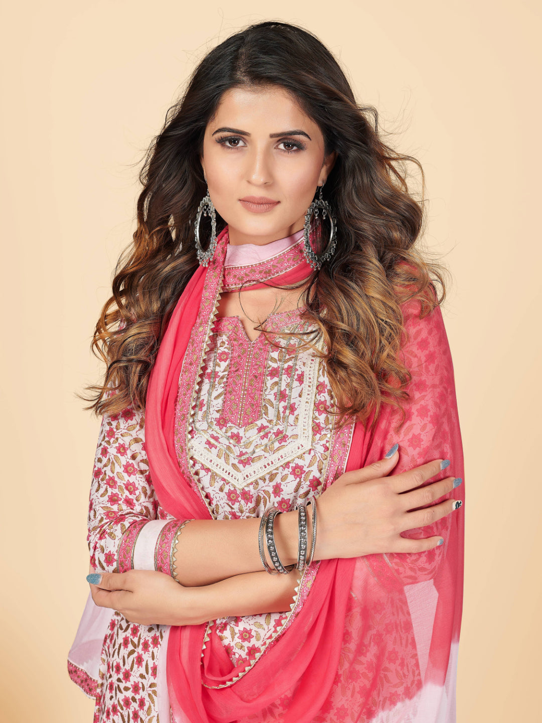 Pink Embroidered Anarkali cotton Kurta Set
