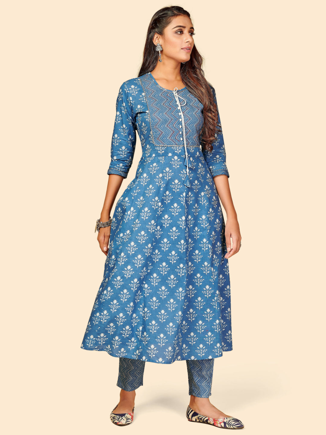 Blue Embroidered Anarkali Cotton Kurta Set