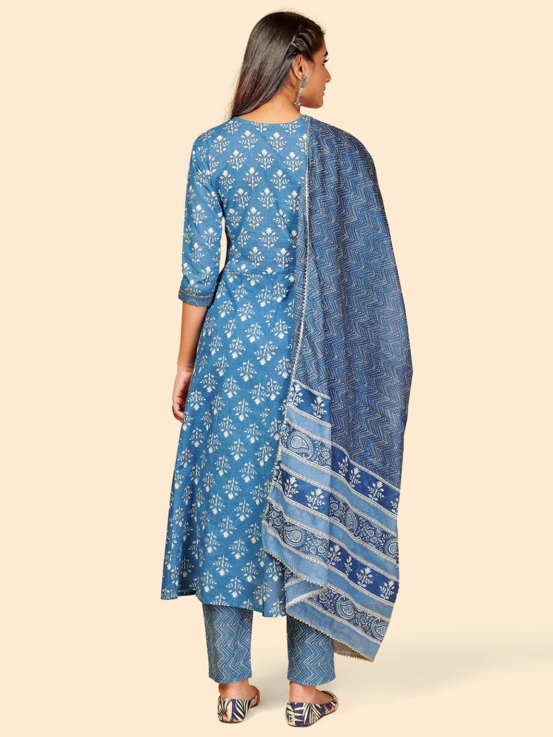 Blue Embroidered Anarkali Cotton Kurta Set