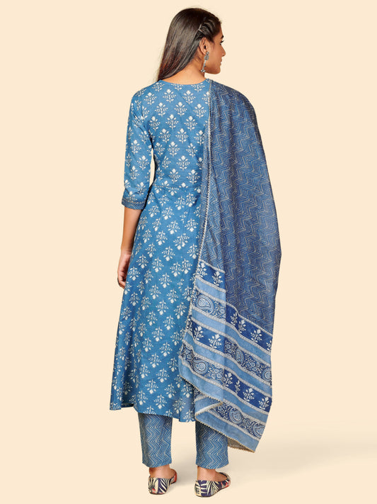 Blue Embroidered Anarkali Cotton Kurta Set