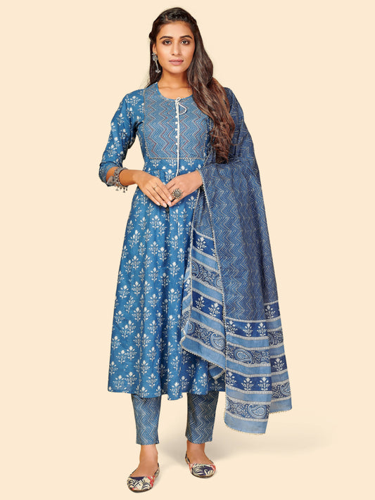 Blue Embroidered Anarkali Cotton Kurta Set