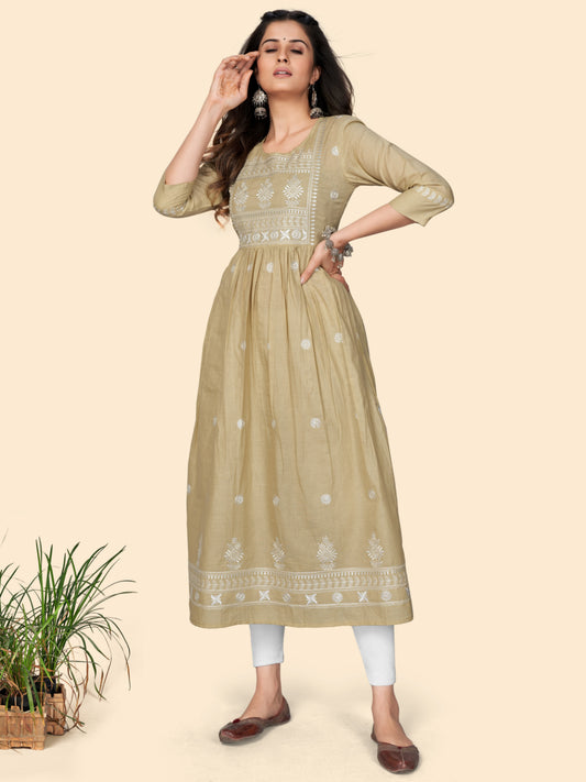 Beige Embroidered A-Line Cotton Kurta