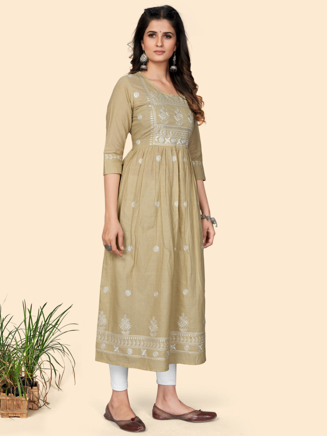 Beige Embroidered A-Line Cotton Kurta