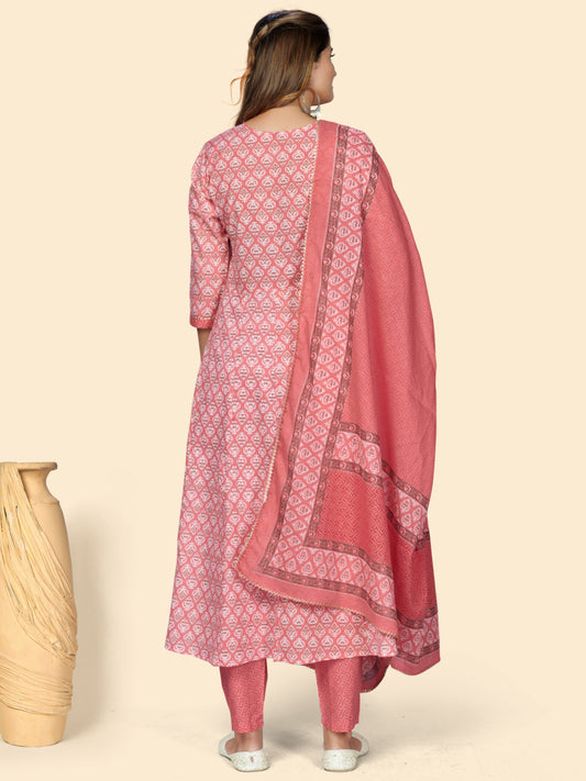 Peach Embroidered Anarkali Cotton Kurta Set