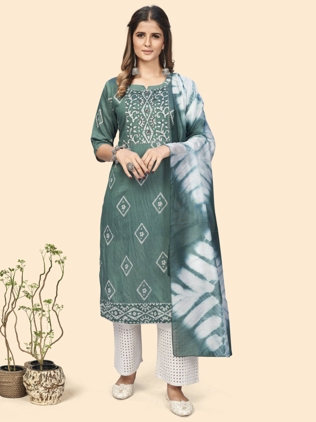 Turquoise Embroidered Straight Chanderi Kurta Dupatta