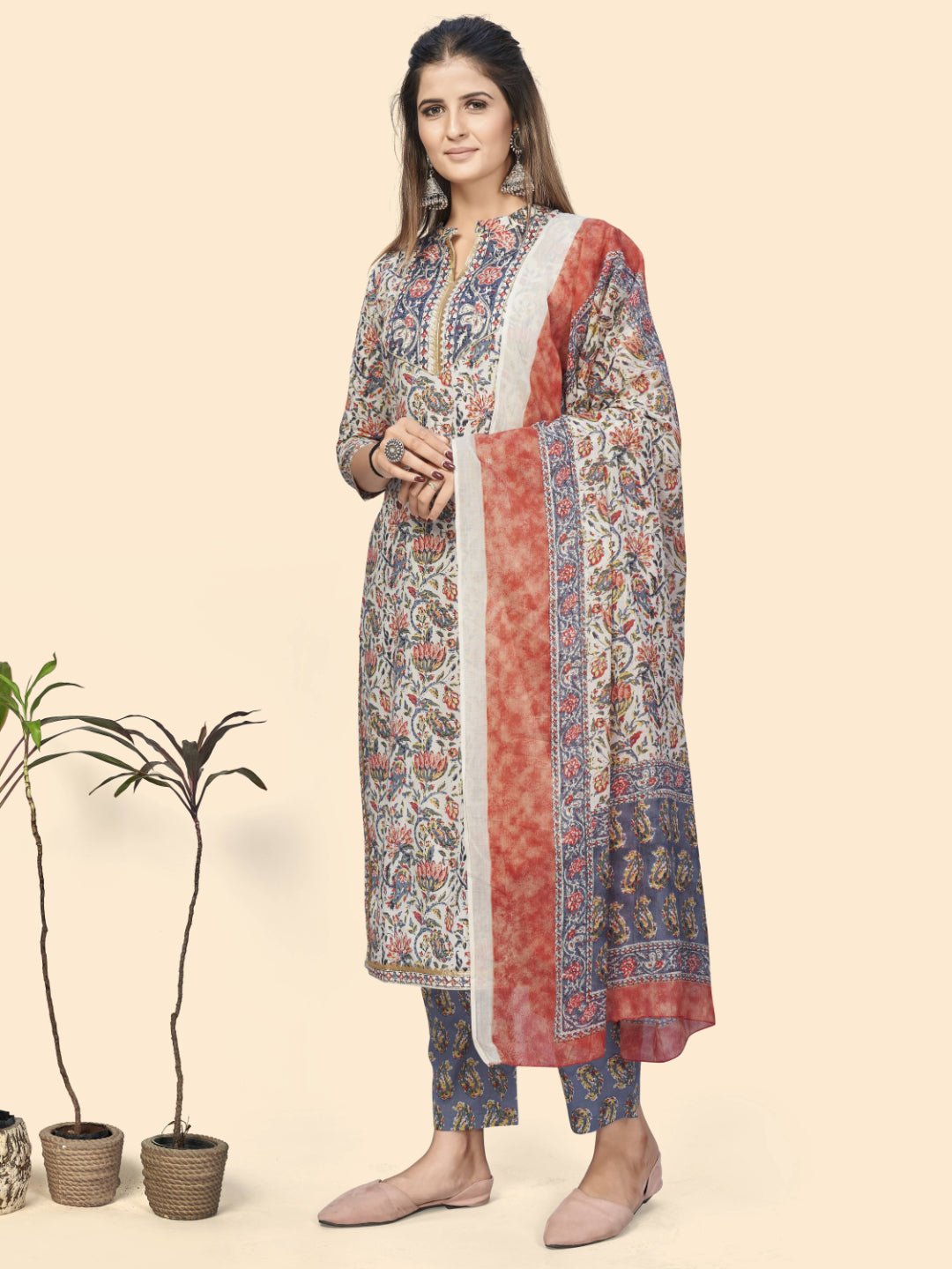 Light Blue Embroidered Straight Cotton Kurta Set