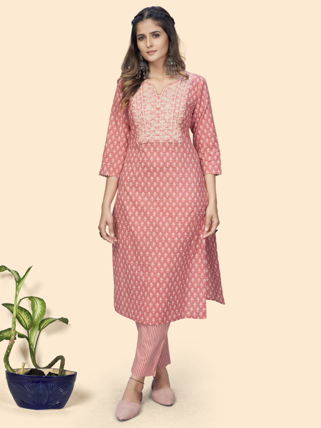 Peach Embroidered Straight Cotton Kurta With Pant