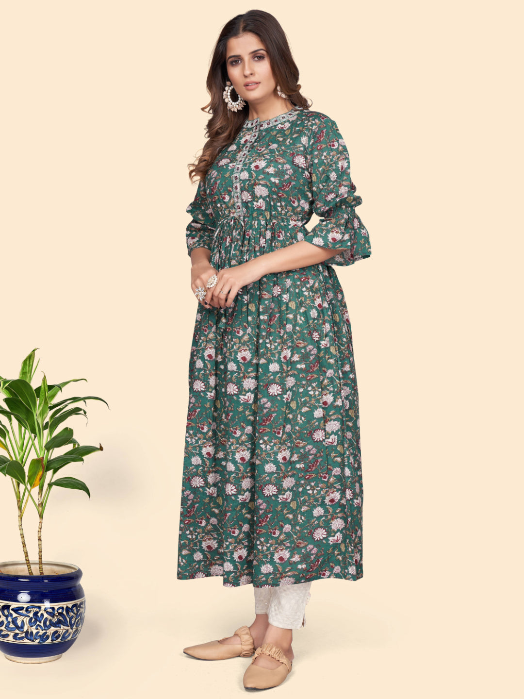 Aqua Printed A-Line Cotton Kurta