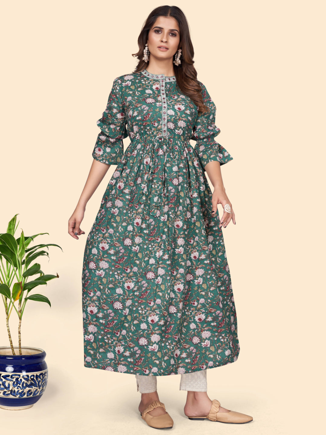 Aqua Printed A-Line Cotton Kurta