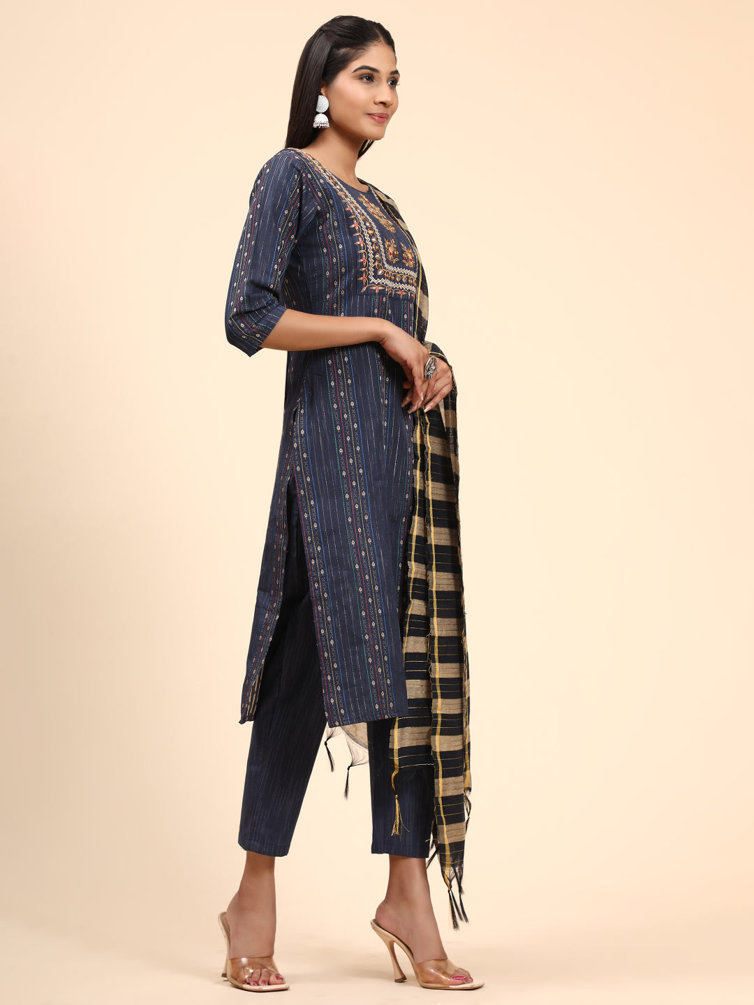 Blue Embroidered Straight Cotton Kurta Set