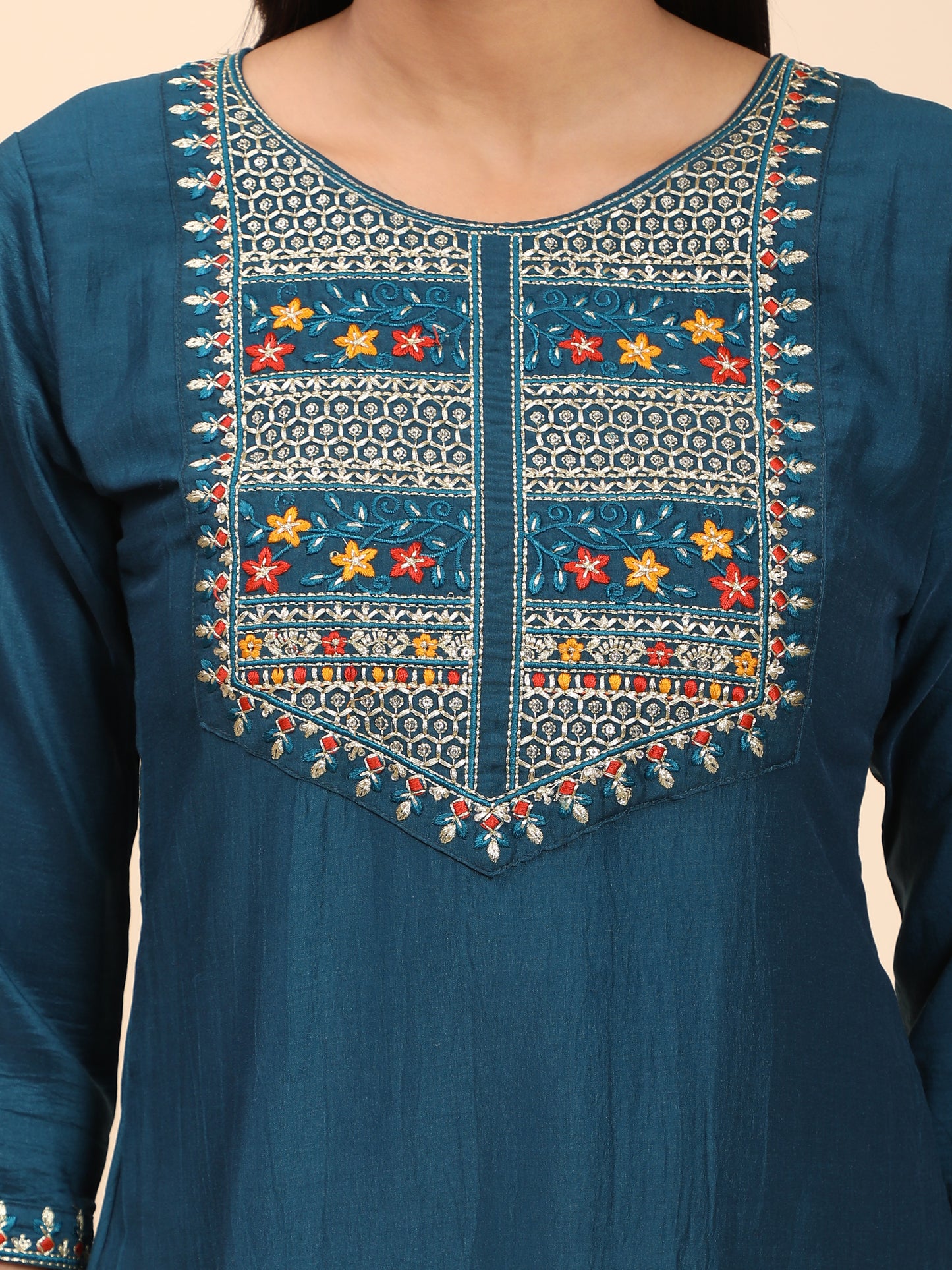 Blue Embroidered Straight Chinon Kurta
