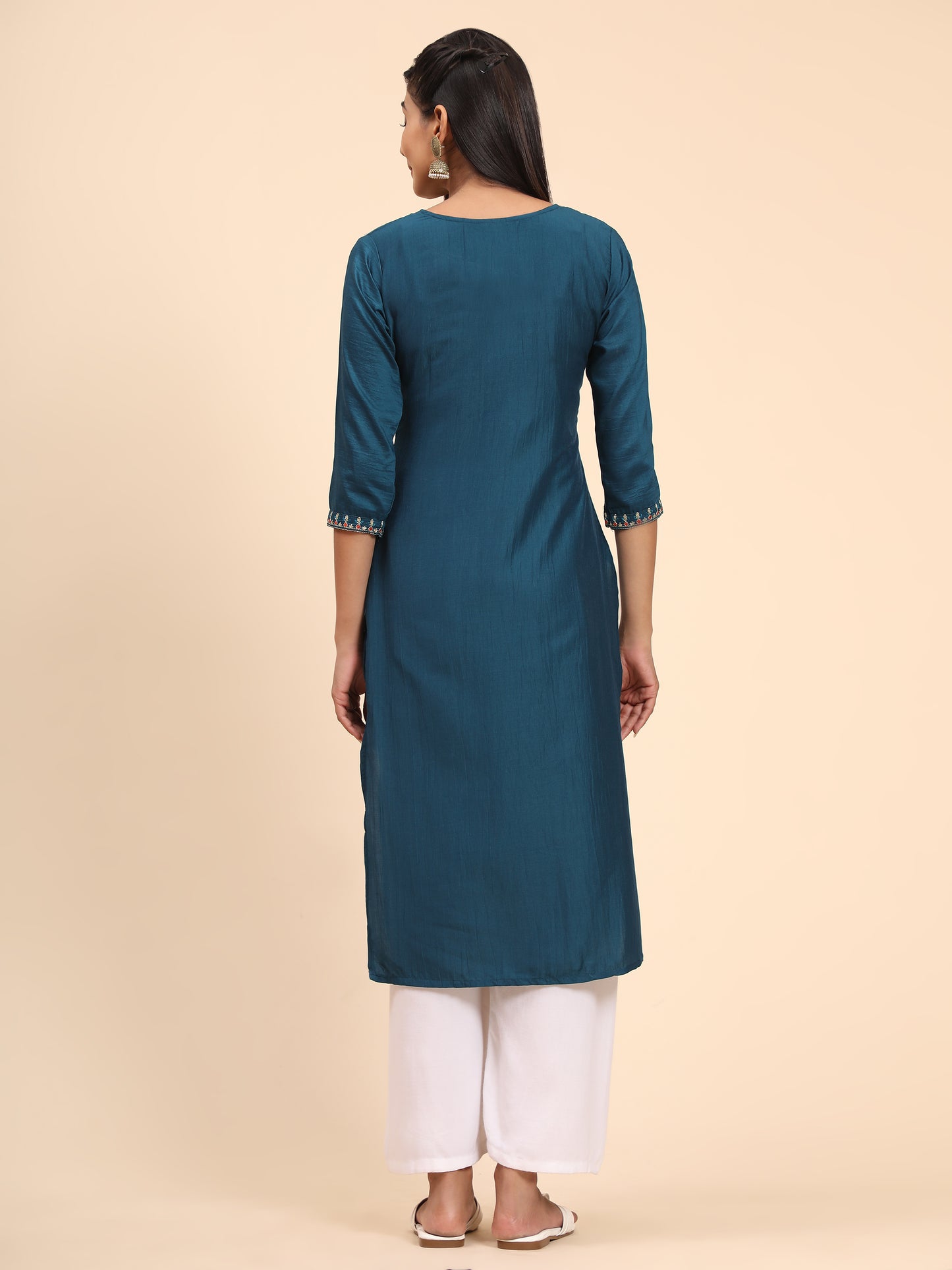 Blue Embroidered Straight Chinon Kurta