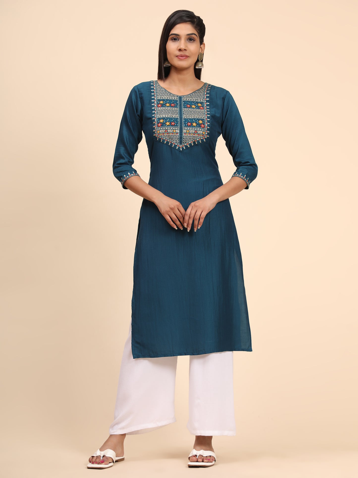 Blue Embroidered Straight Chinon Kurta