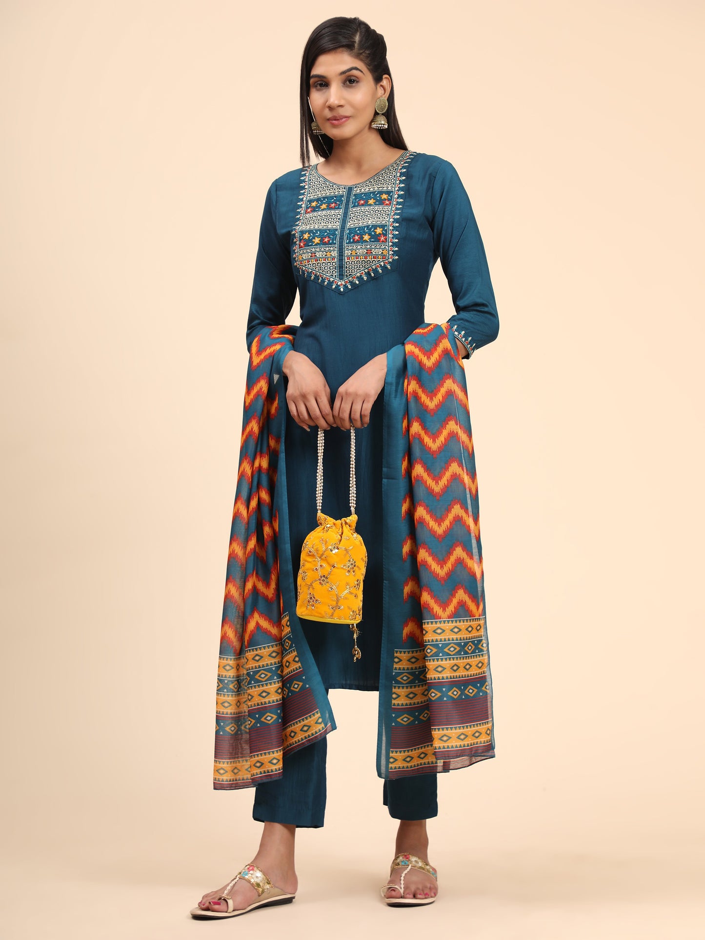 Blue Embroidered Straight Chinon Kurta Set