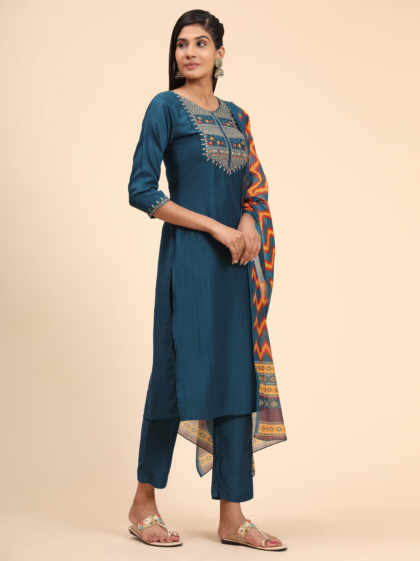 Blue Embroidered Straight Chinon Kurta Set