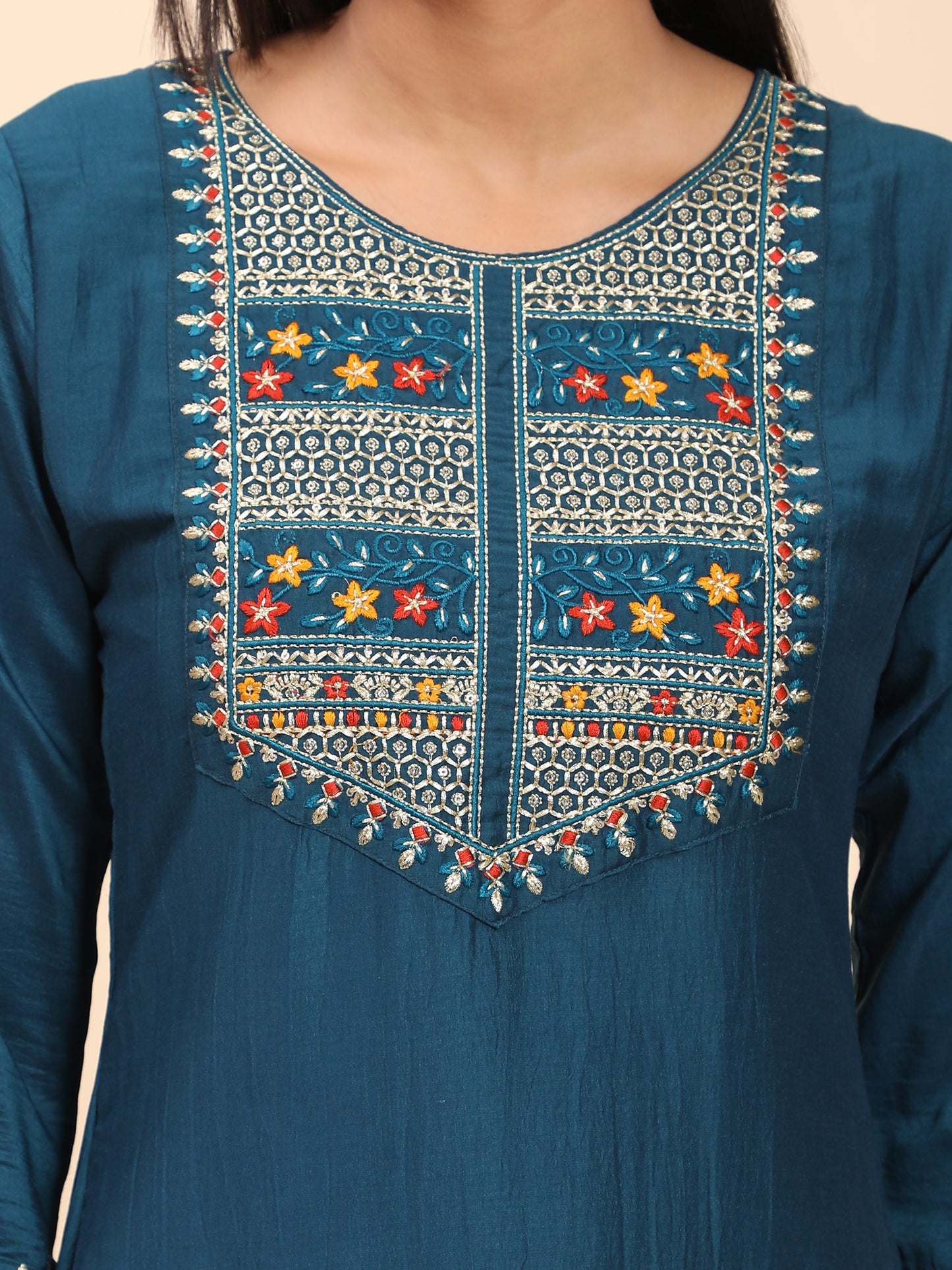 Blue Embroidered Straight Chinon Kurta Set