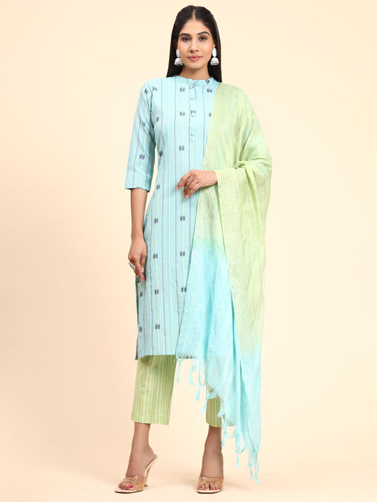 Sky Blue Printed Straight Cotton Blend Kurta Set