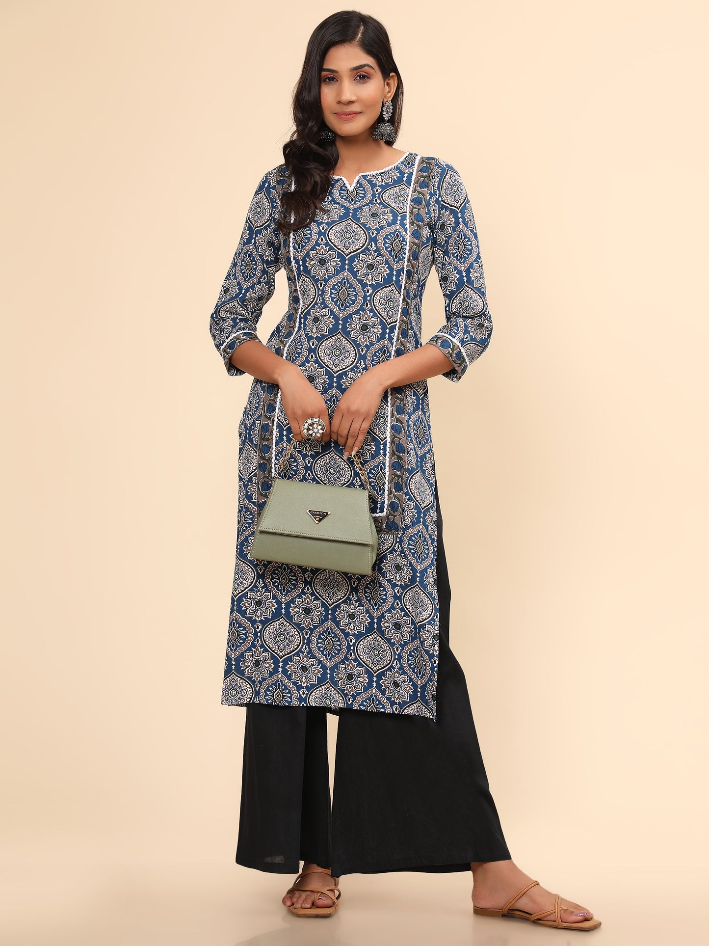 Blue Printed Straight Cotton Kurta
