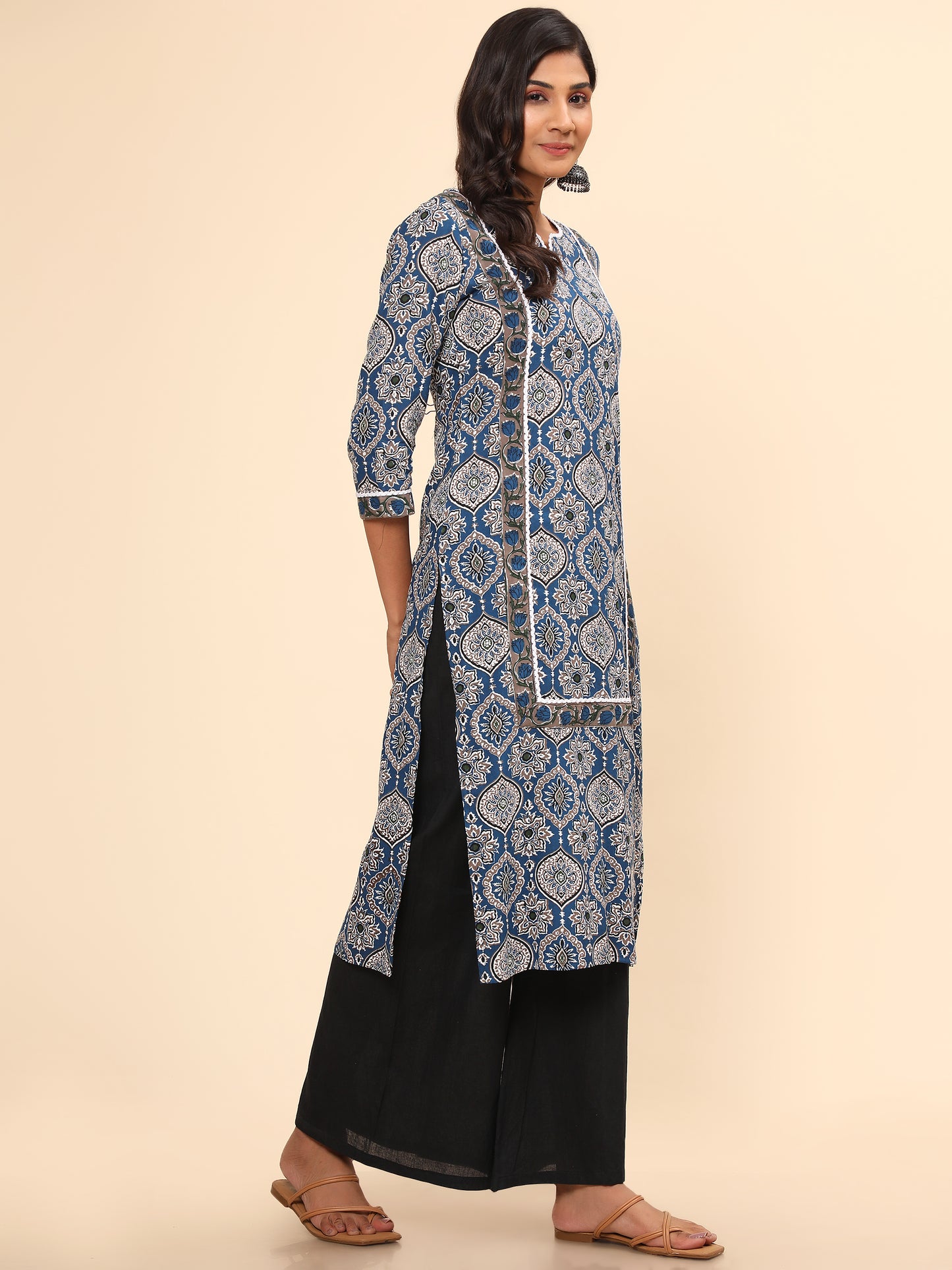 Blue Printed Straight Cotton Kurta