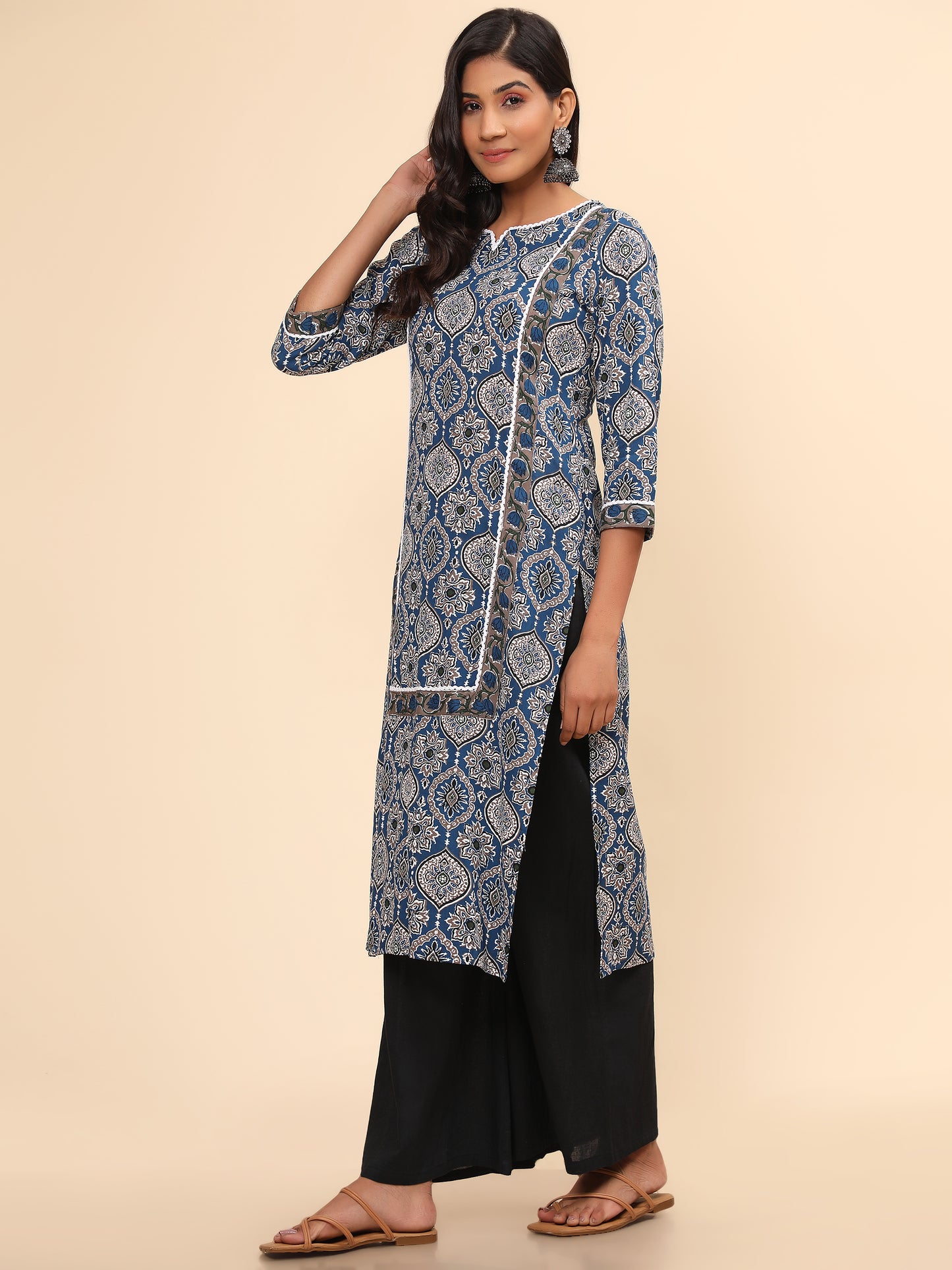 Blue Printed Straight Cotton Kurta