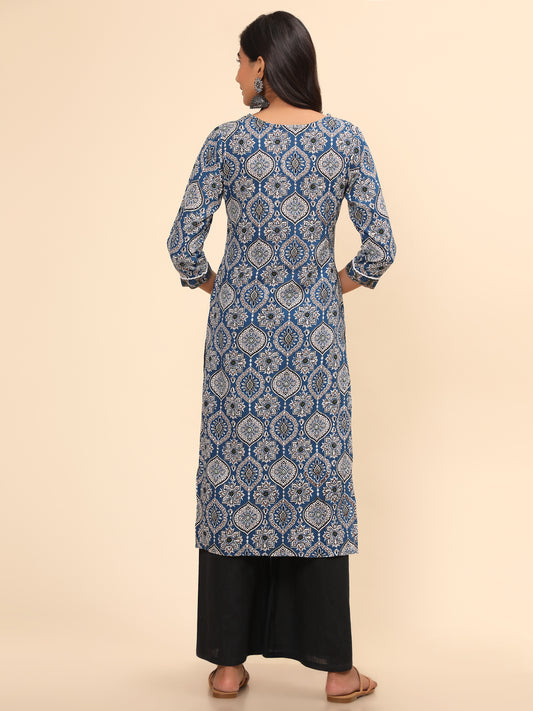 Blue Printed Straight Cotton Kurta