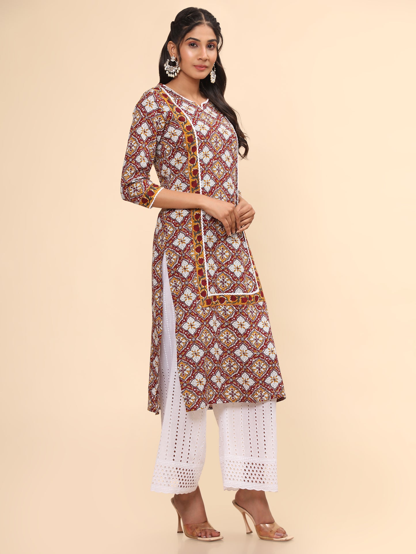 Red Printed Straight Cotton Kurta