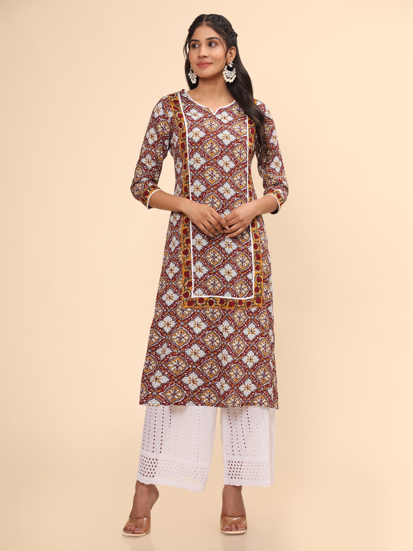 Red Printed Straight Cotton Kurta