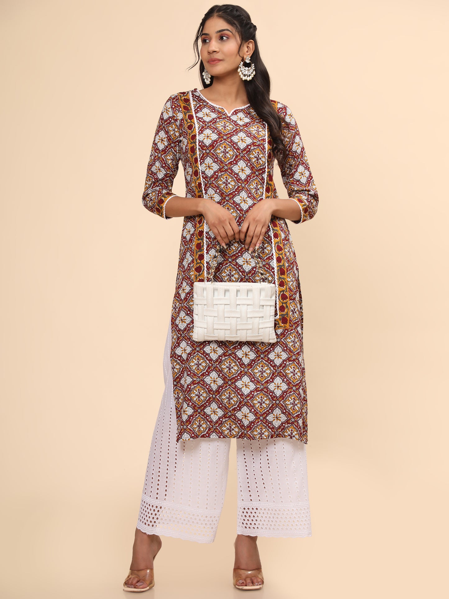 Red Printed Straight Cotton Kurta