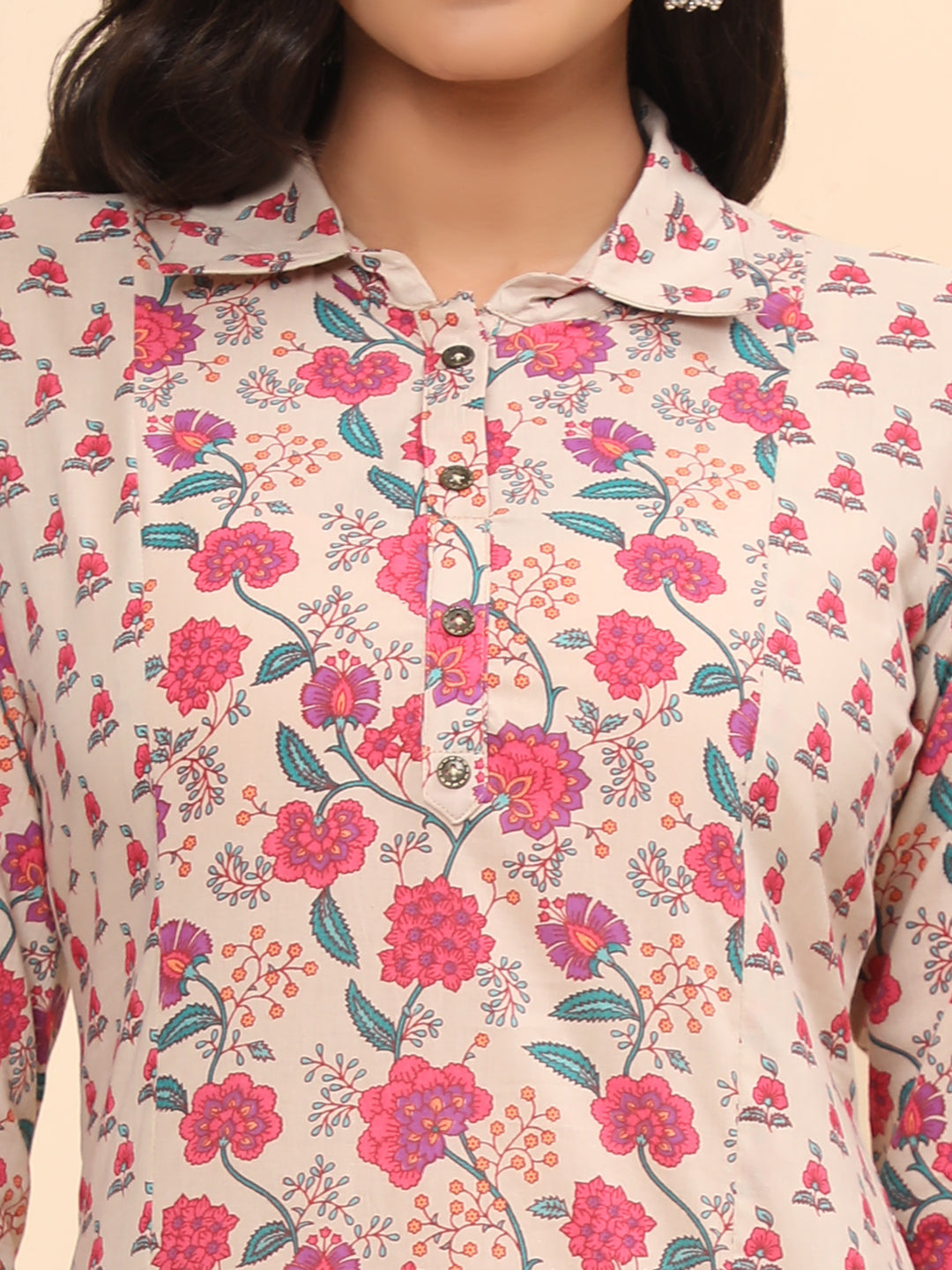 Pink Floral Print Straight Cotton Kurta