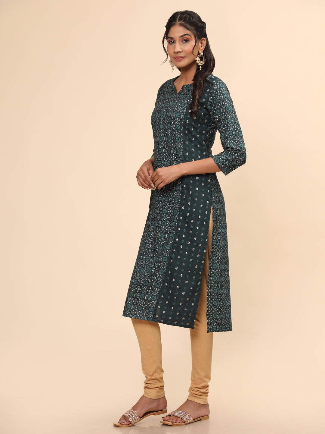 Green Foil Print Straight Rayon Kurta