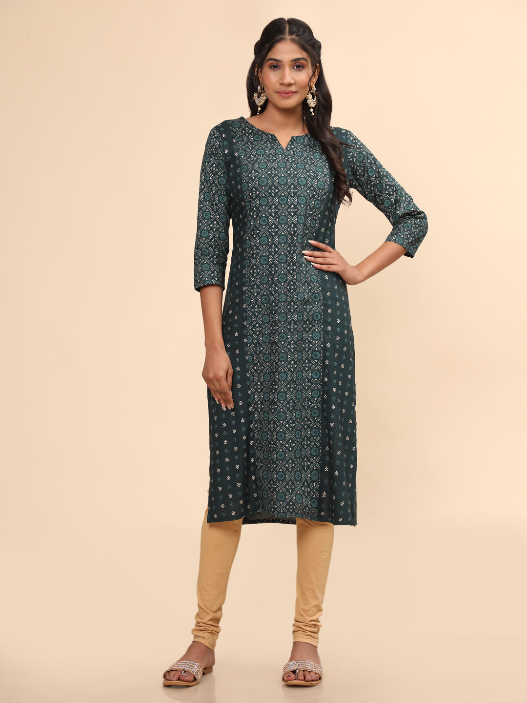 Green Foil Print Straight Rayon Kurta