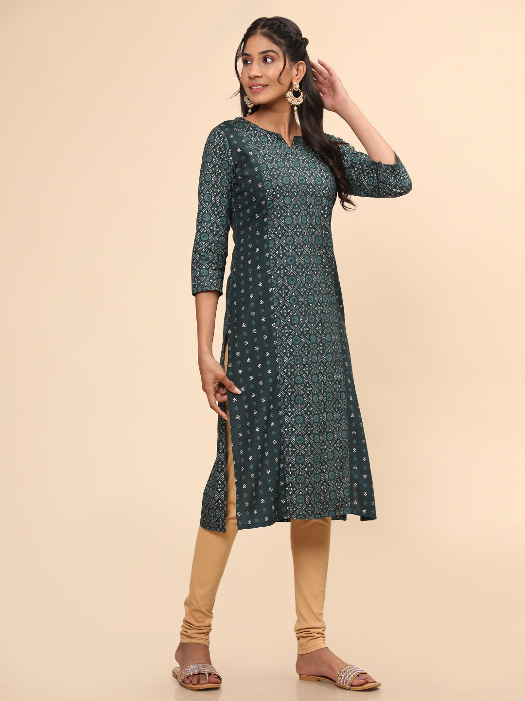 Green Foil Print Straight Rayon Kurta