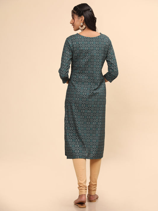 Green Foil Print Straight Rayon Kurta