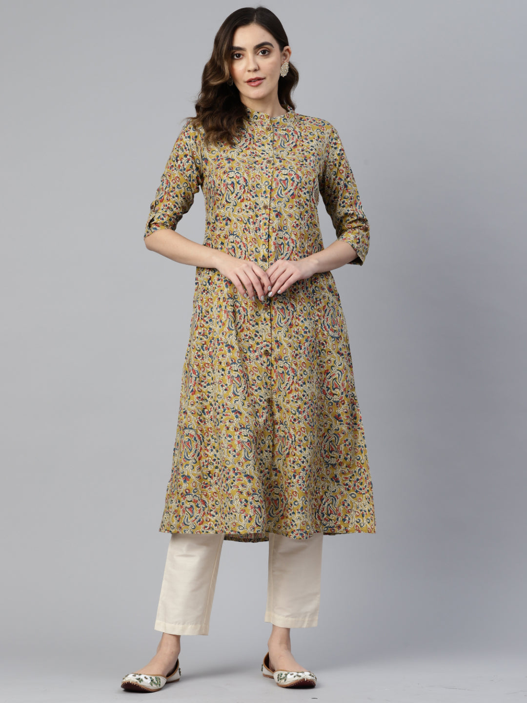 Yellow Rayon Floral Print A-Line Kurta