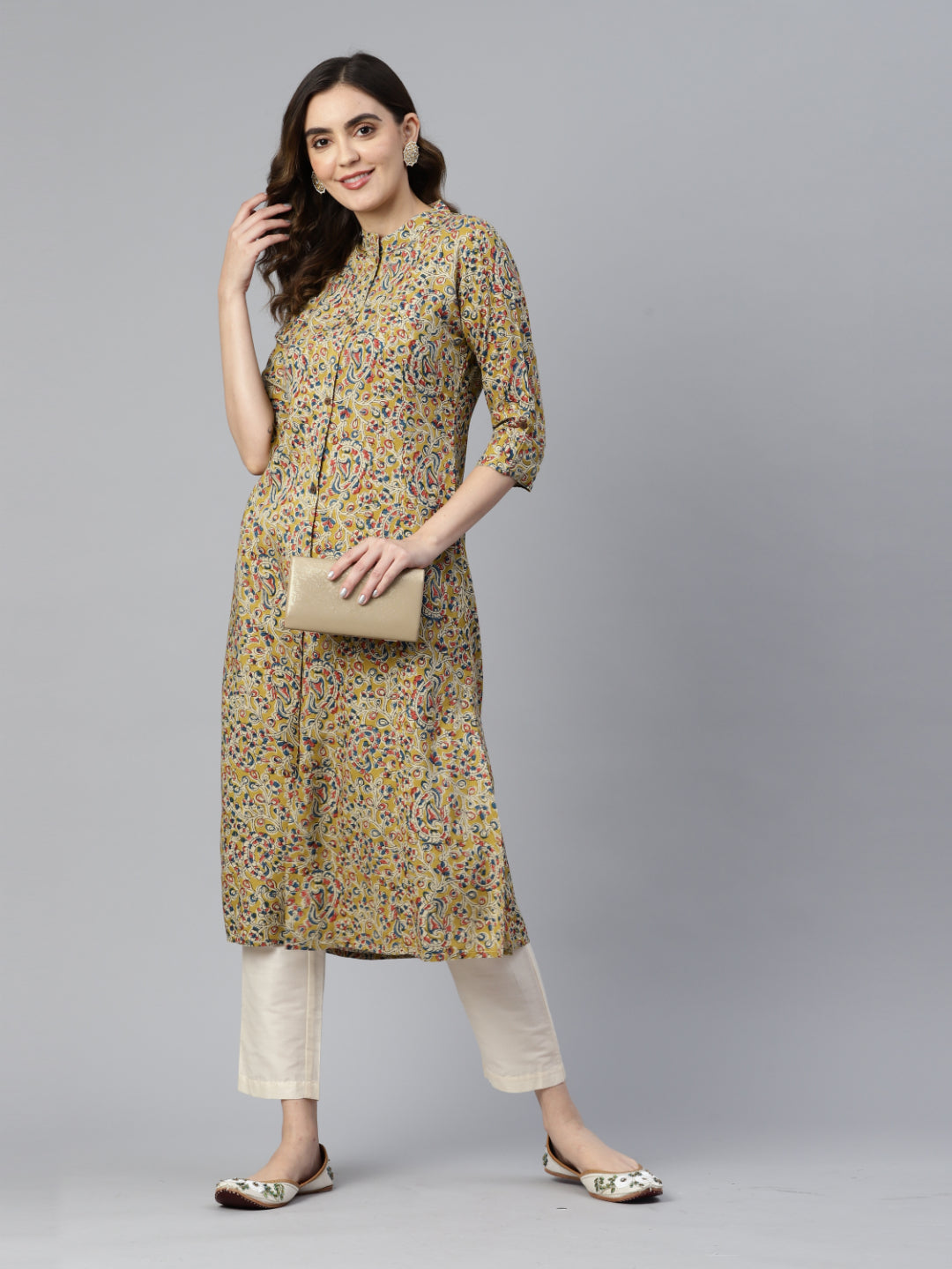 Yellow Rayon Floral Print A-Line Kurta