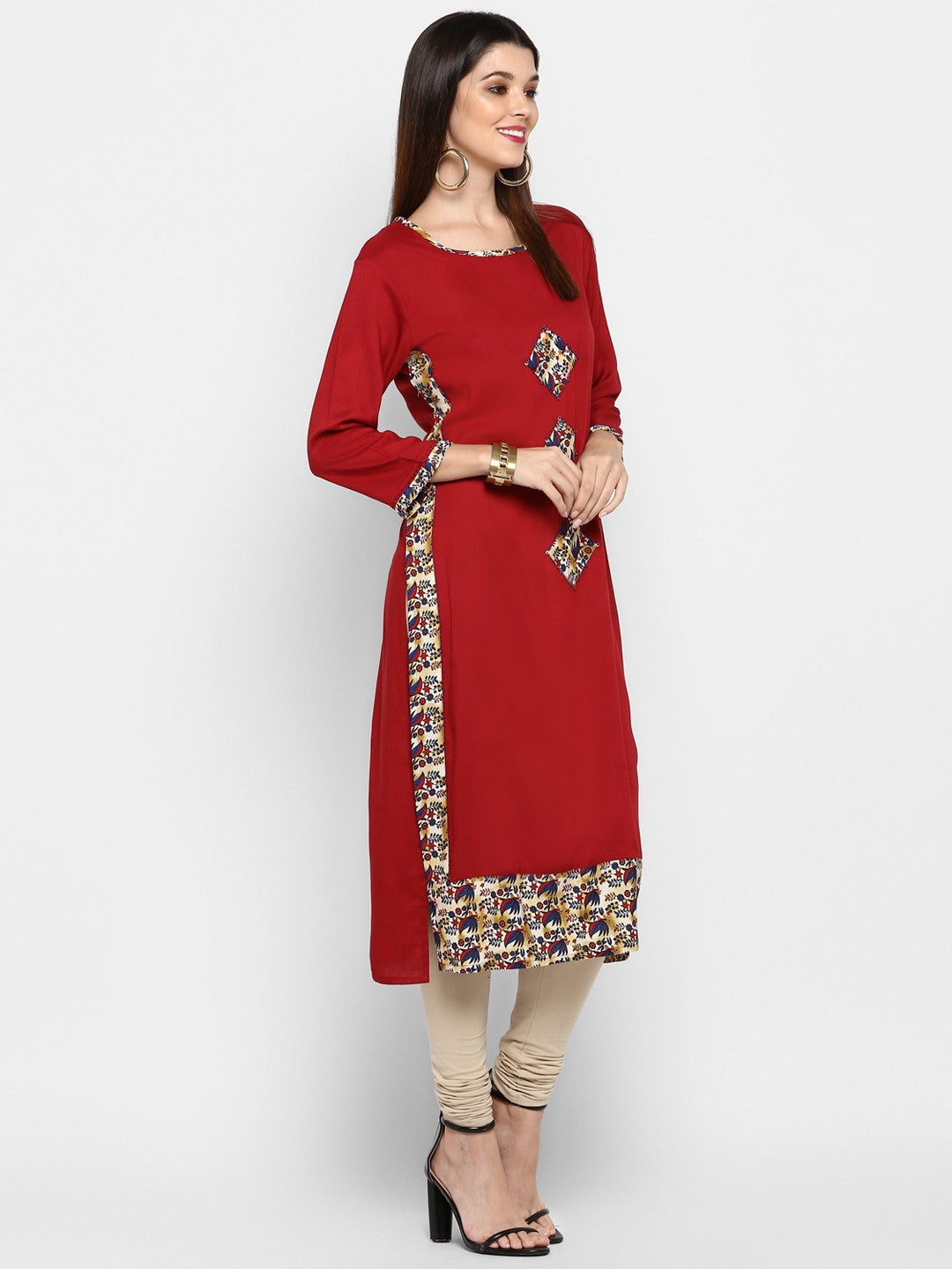 Maroon Printed Rayon Straight Kurti