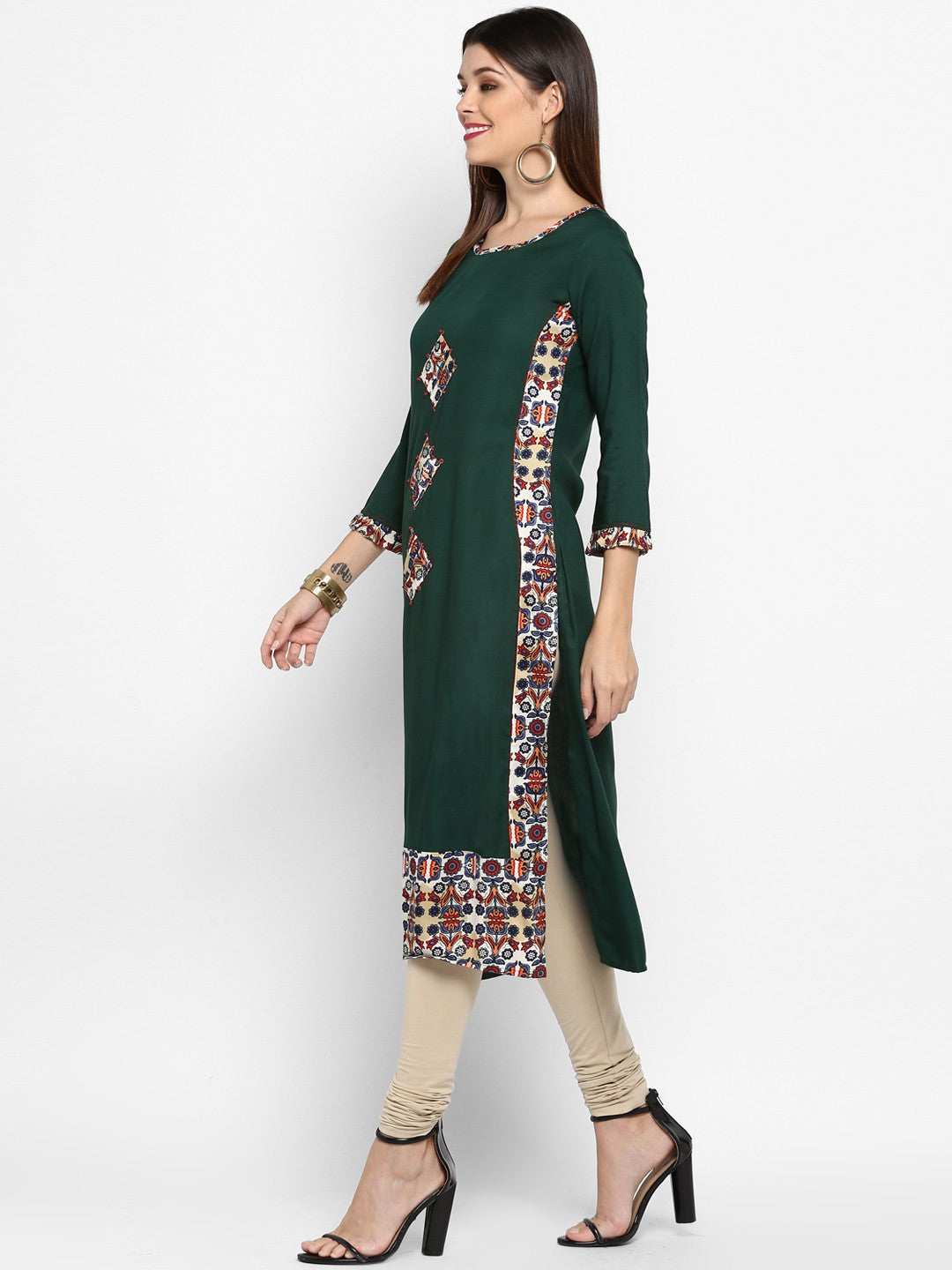 Green Printed Rayon Straight Kurti