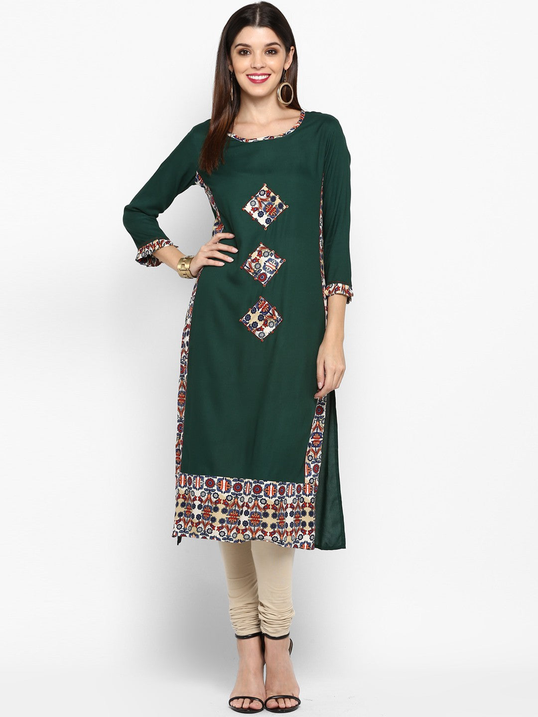 Green Printed Rayon Straight Kurti