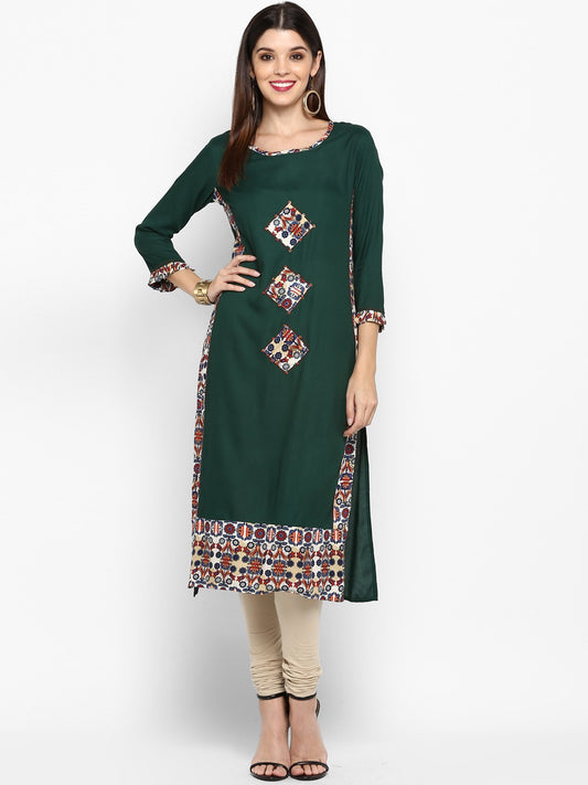 Green Printed Rayon Straight Kurti